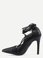 Romwe Black Laser Cut Lace-up Pointed Toe Pumps