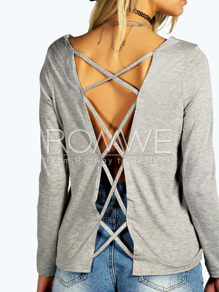 Romwe Grey Long Sleeve Backless T-shirt