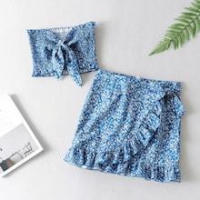 Romwe Ditsy Floral Tie Front Shirred Bandeau Top & Skirt