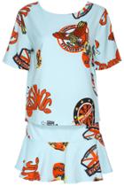Romwe Romwe Graffiti Print Blue Short-sleeved 2-pieced Skirt