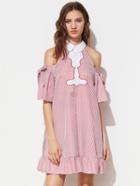 Romwe Contrast Collar Bow Open Shoulder Silhouette Embroidery Dress