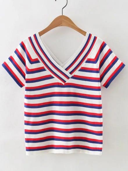 Romwe Blue And Red V Neck Striped T-shirt