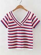 Romwe Blue And Red V Neck Striped T-shirt