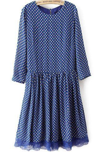 Romwe Polka Dot Lace Hem Pleated Dress