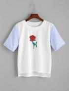 Romwe White Rose Print Striped Sleeve High Low T-shirt