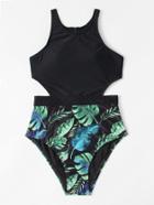 Romwe Jungle Print Cut Out Zipper Swimsuit