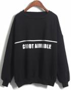 Romwe Chiot Aimable Print Loose Black Sweatshirt
