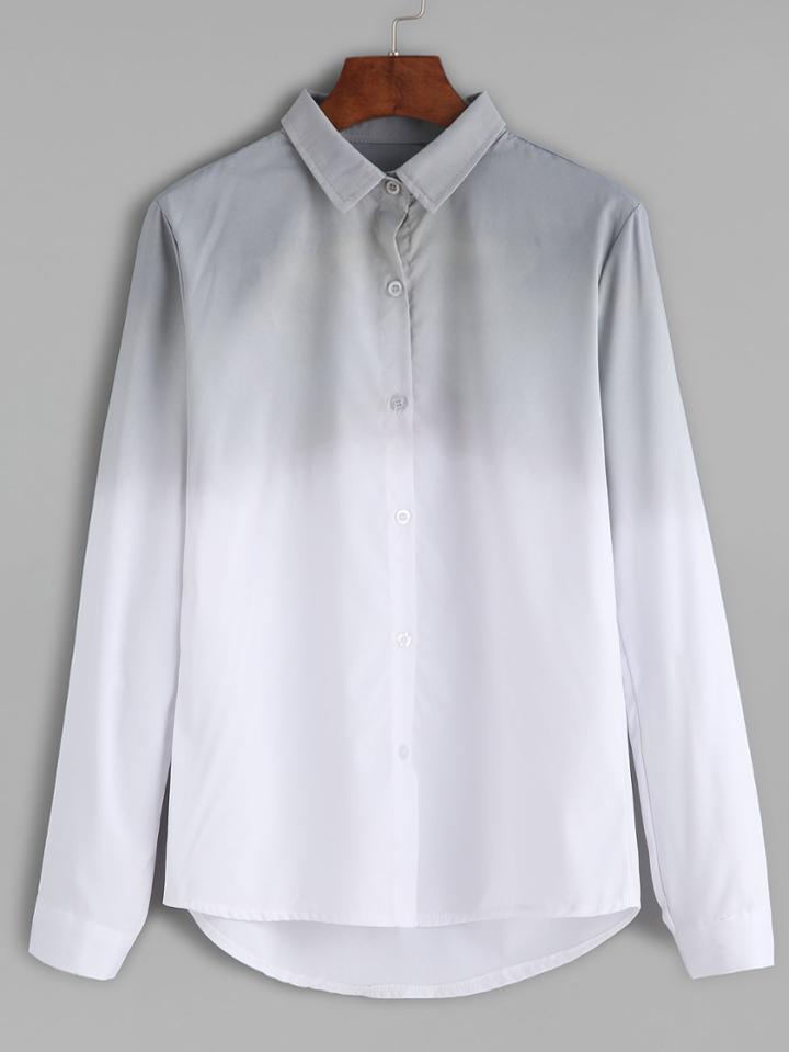 Romwe Grey Ombre Curved Hem Shirt