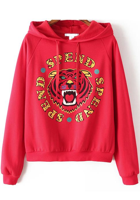 Romwe Red Lion Face Print Hooded Sweatshirt