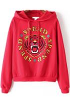 Romwe Red Lion Face Print Hooded Sweatshirt