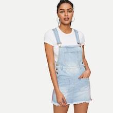 Romwe Tuxedo Stripe Raw Hem Denim Overall Dress