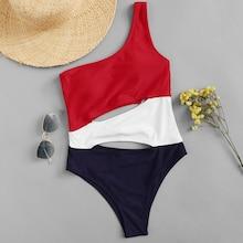Romwe Colorblock Cut-out One Shoulder One Piece Swim