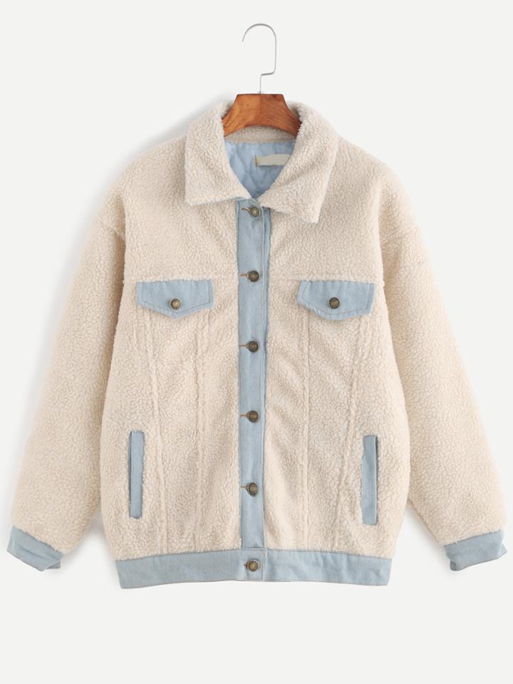 Romwe Beige Contrast Trim Faux Shearling Jacket