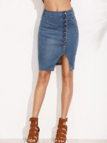 Romwe Bleach Wash Single Breasted Slit Denim Skirt