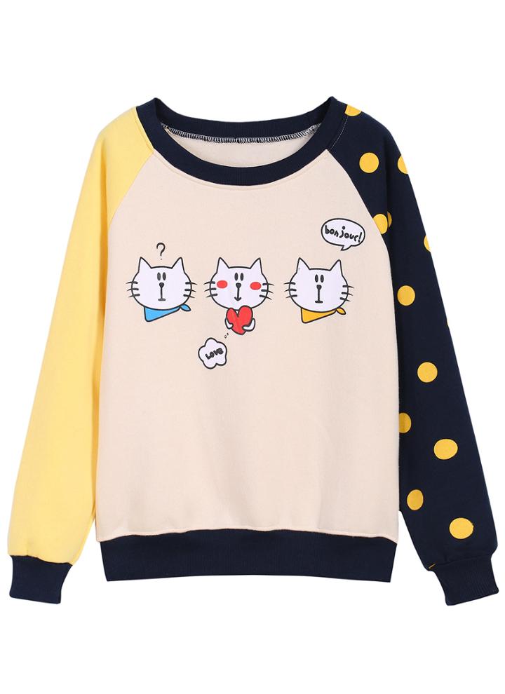 Romwe Colour-block Polka Dot Cats Print Sweatshirt