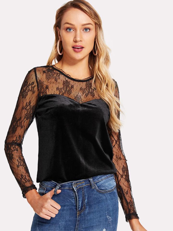 Romwe Lace Sweetheart Velvet Top