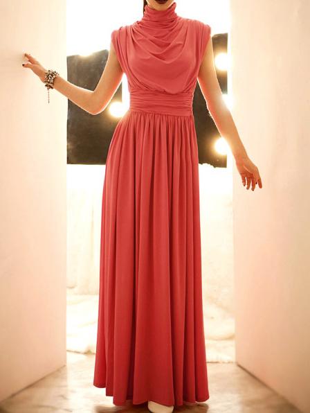 Romwe High Neck Sleeveless Pleated Maxi Red Dress