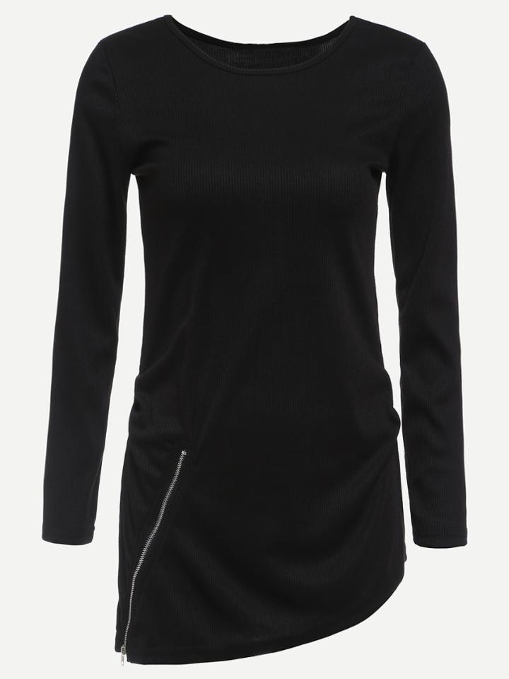 Romwe Black Asymmetrical Zipper Side Ribbed T-shirt