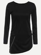 Romwe Black Asymmetrical Zipper Side Ribbed T-shirt