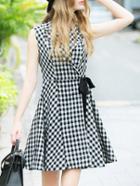 Romwe Black V Neck Check Print A-line Dress