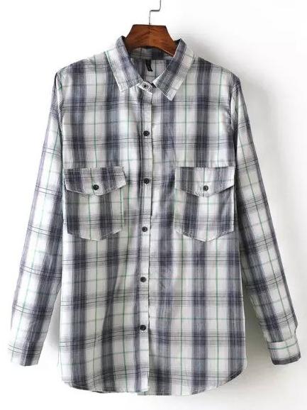 Romwe Lapel Plaid Black Blouse With Pockets