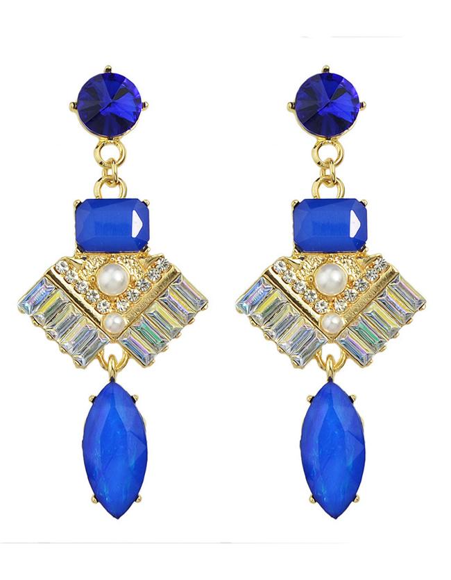 Romwe Blue Rhinestone Long Drop Earrings