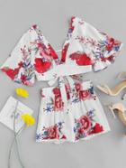 Romwe Plunging V-neckline Florals Random Knot Crop Top With Shorts