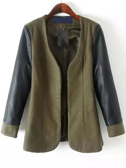 Romwe Contrast Sleeve Woolen Army Green Coat