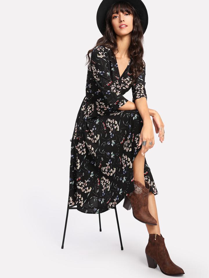 Romwe Surplice Wrap Floral Dress