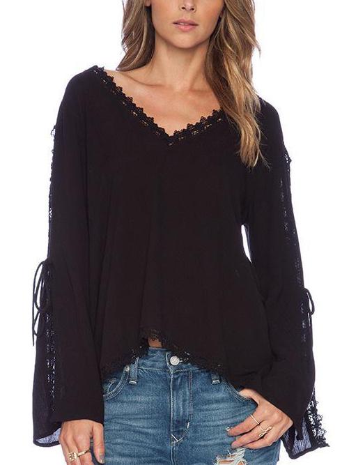 Romwe V Neck Bell Sleeve Split Chiffon Blouse