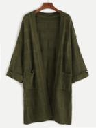 Romwe Army Green Pockets Chunky Knit Coat