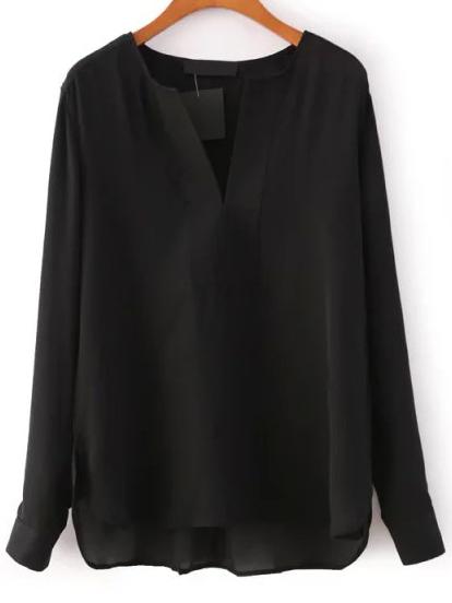 Romwe V Neck Long Sleeve Chiffon Black Blouse