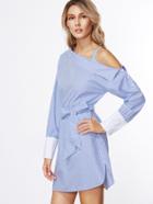 Romwe Blue Striped Contrast Cuff Asymmetric Cold Shoulder Belted Dress
