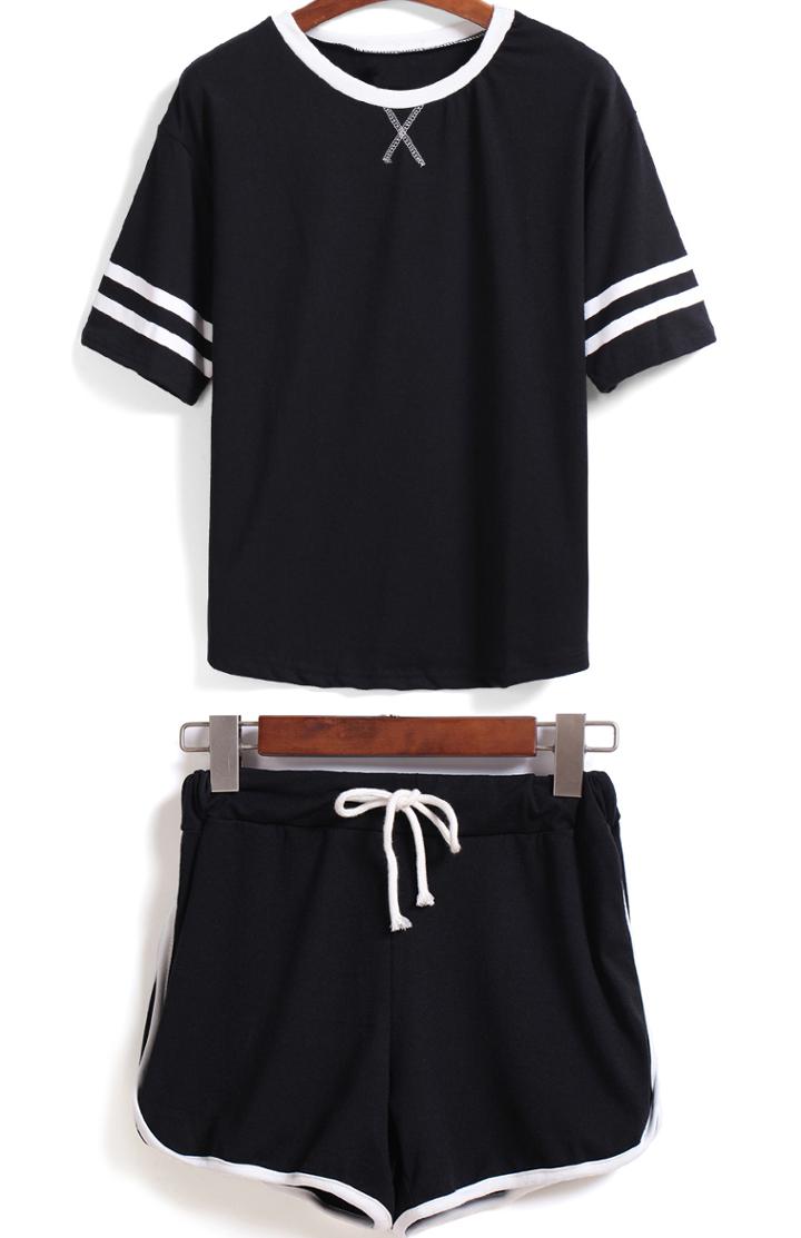 Romwe Black Short Sleeve Striped Top With Drawstring Shorts