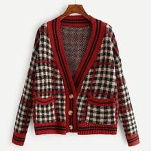 Romwe Plus Double Pocket Plaid Knit Coat