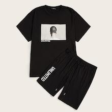 Romwe Guys Figure Print Top & Letter Shorts Set