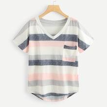 Romwe Plus Striped Pocket Asymmetrical Tee