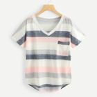 Romwe Plus Striped Pocket Asymmetrical Tee