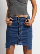 Romwe Frayed Denim Asymmetrical Skirt With Single Breasted