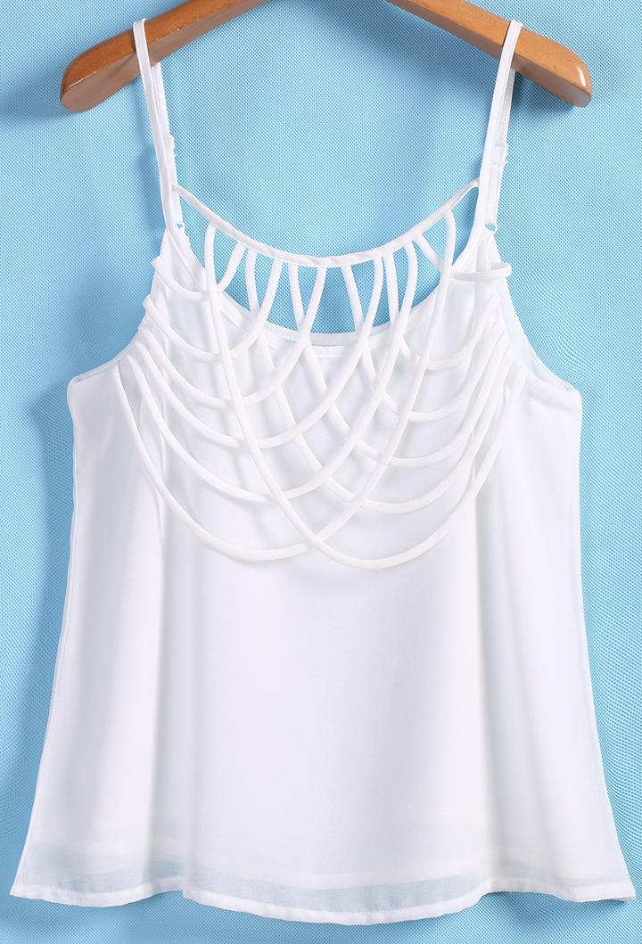 Romwe Cross Rope Embellished Chiffon White Vest