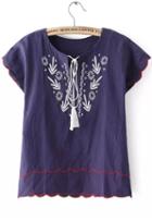 Romwe Short Sleeve Embroidered Navy Top