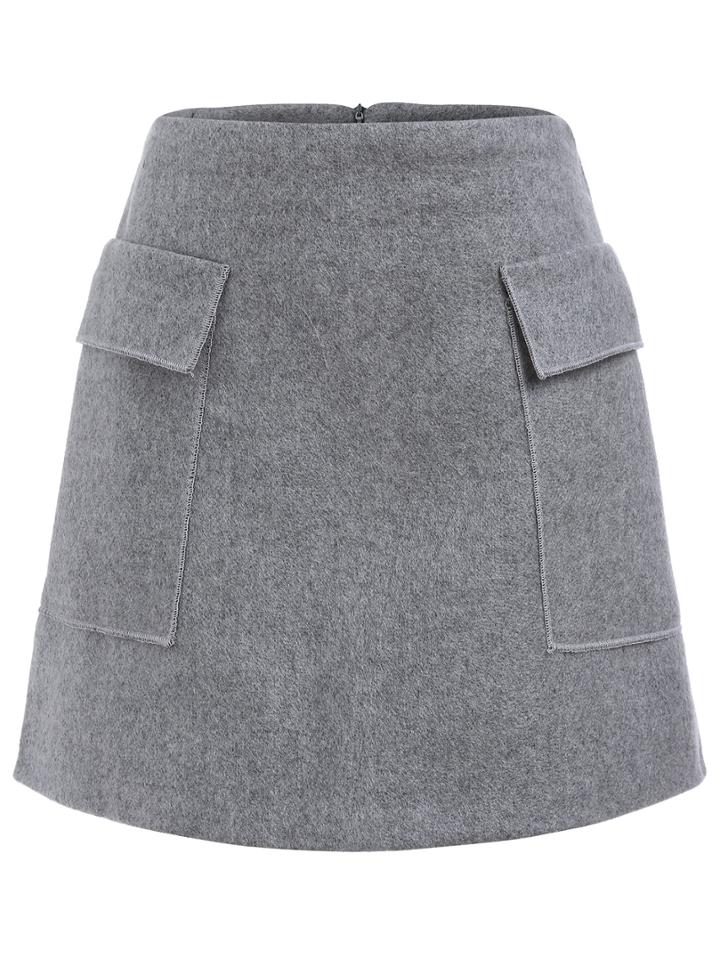 Romwe Zipper A-line Grey Skirt With Pockets