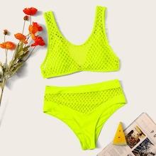 Romwe Neon Lime Fishnet Panel Bikini Set