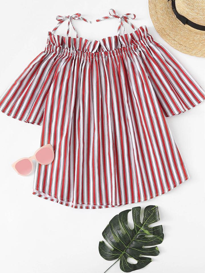 Romwe Block Striped Ruffle Trim Top
