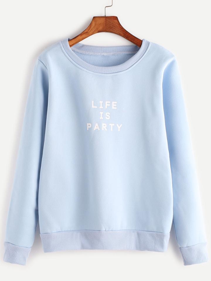 Romwe Pale Blue Letter Print Sweatshirt