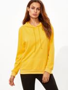 Romwe Yellow Pocket Drawstring Hooded Sweatshirt