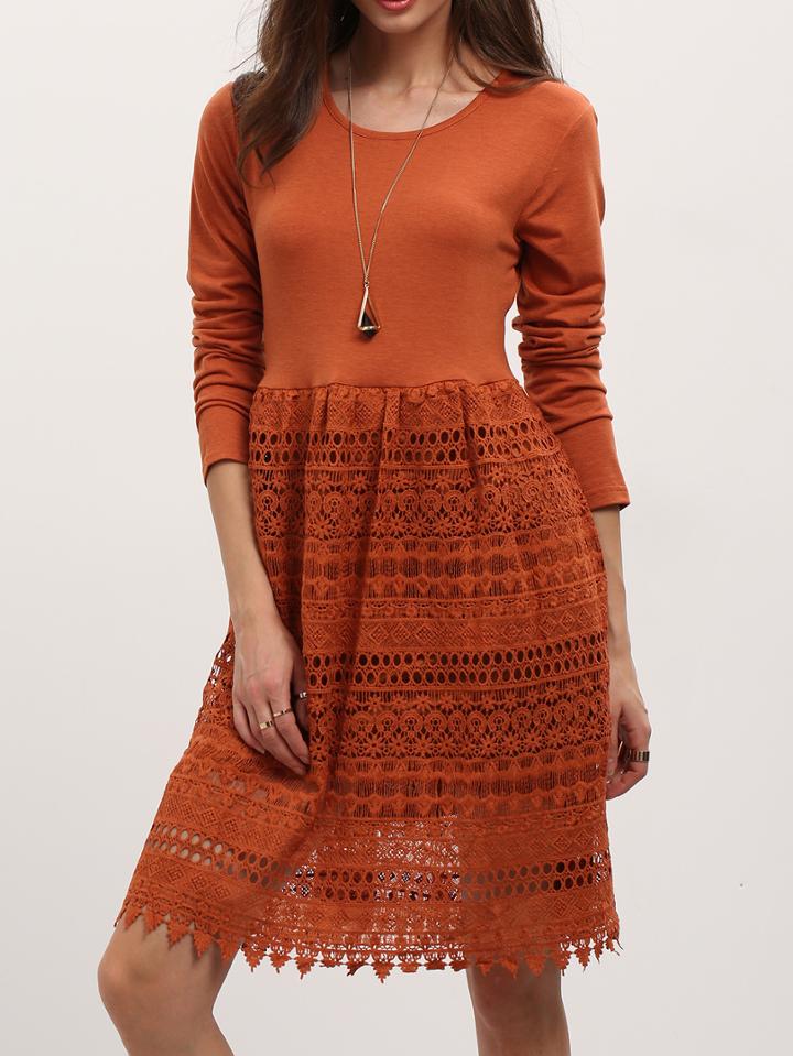 Romwe Orange Crew Neck High Waist Lace Dress