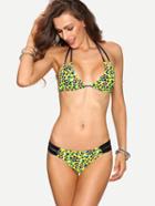 Romwe Yellow Leopard Print Strappy Bikini Set
