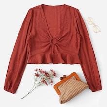 Romwe Bishop Sleeve Ring Detail Ruffle Hem Blouse