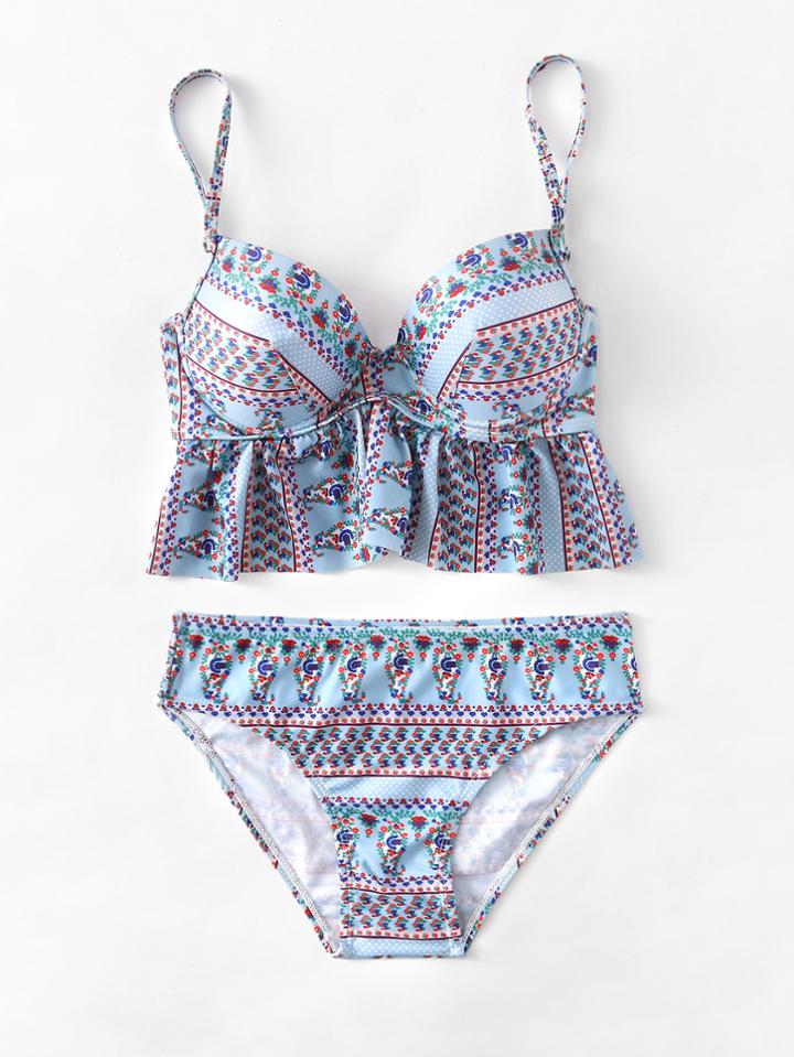 Romwe Graphic Print Longline Bikini Set